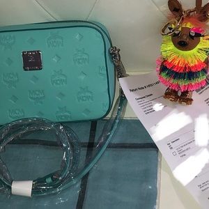 🛑 SOLD MCM Klara Monogram Leather Camera Crossbody Pool Blue, $575 (+ $55 tax)